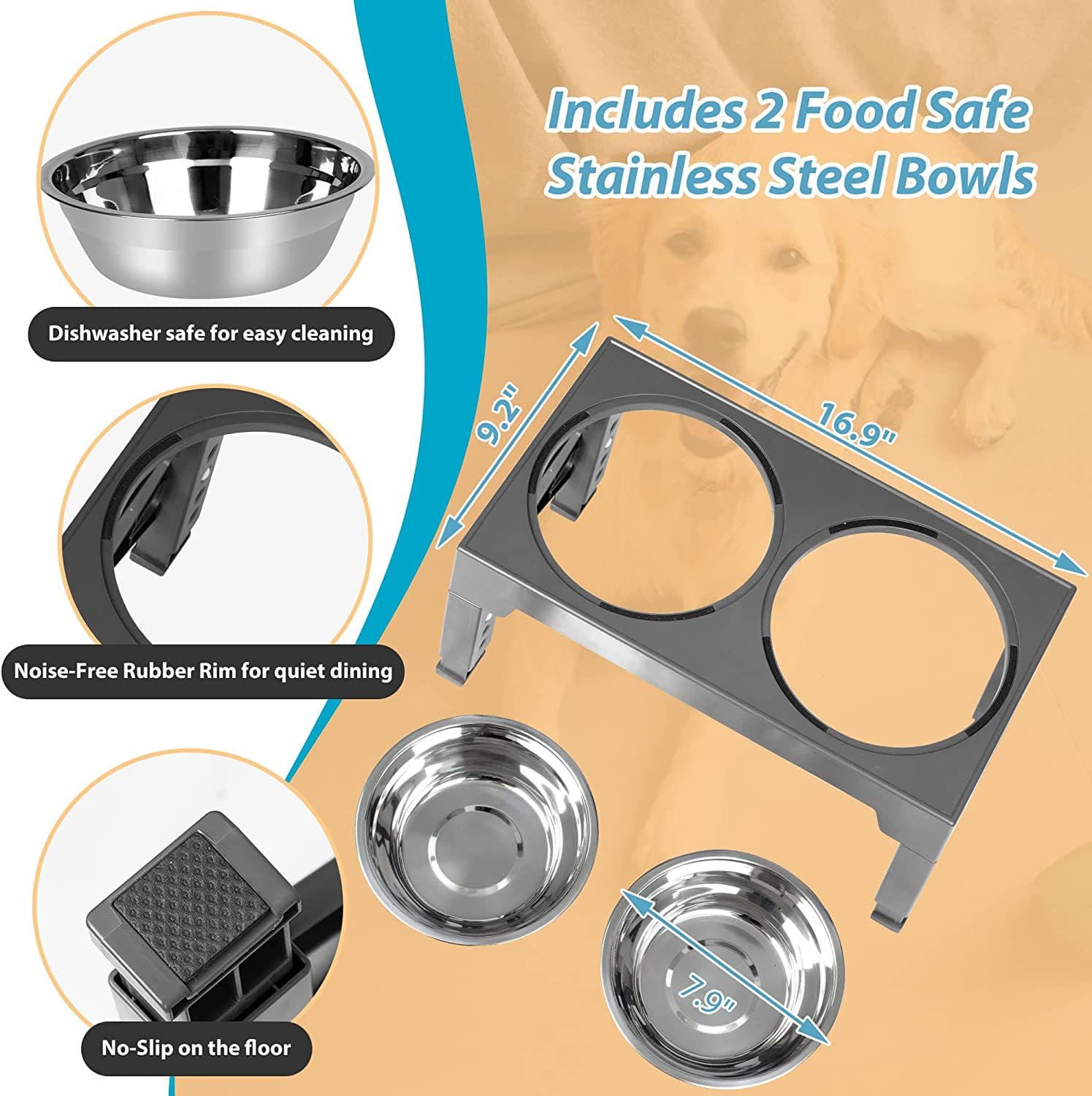 Stainless Steel 2 Dog Bowls with Elevated Raised Stand Food and